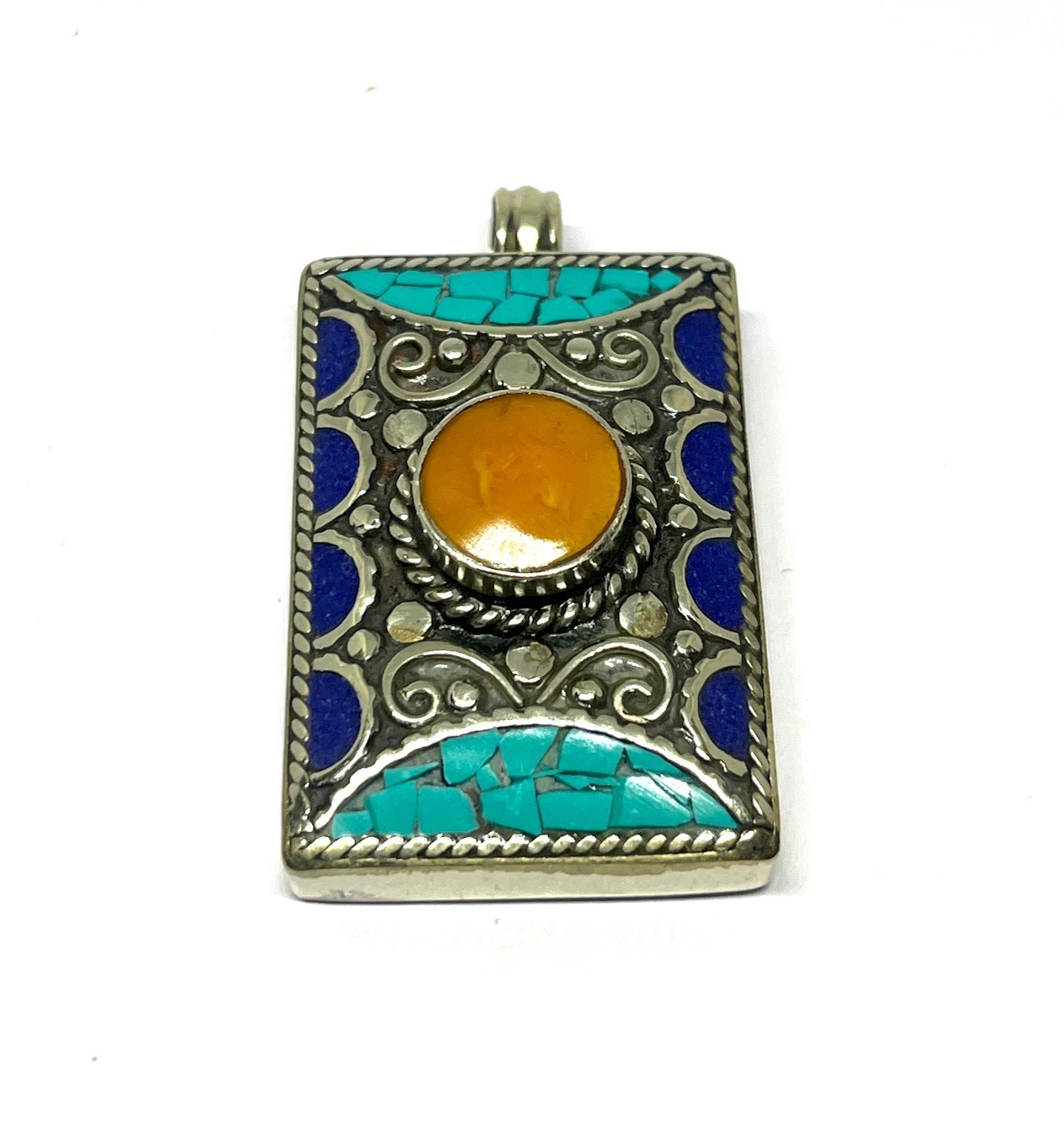 Turquoise Lapis Amber Gemstone Tibetan Statement Pendant Jewelry, 2.0 inch