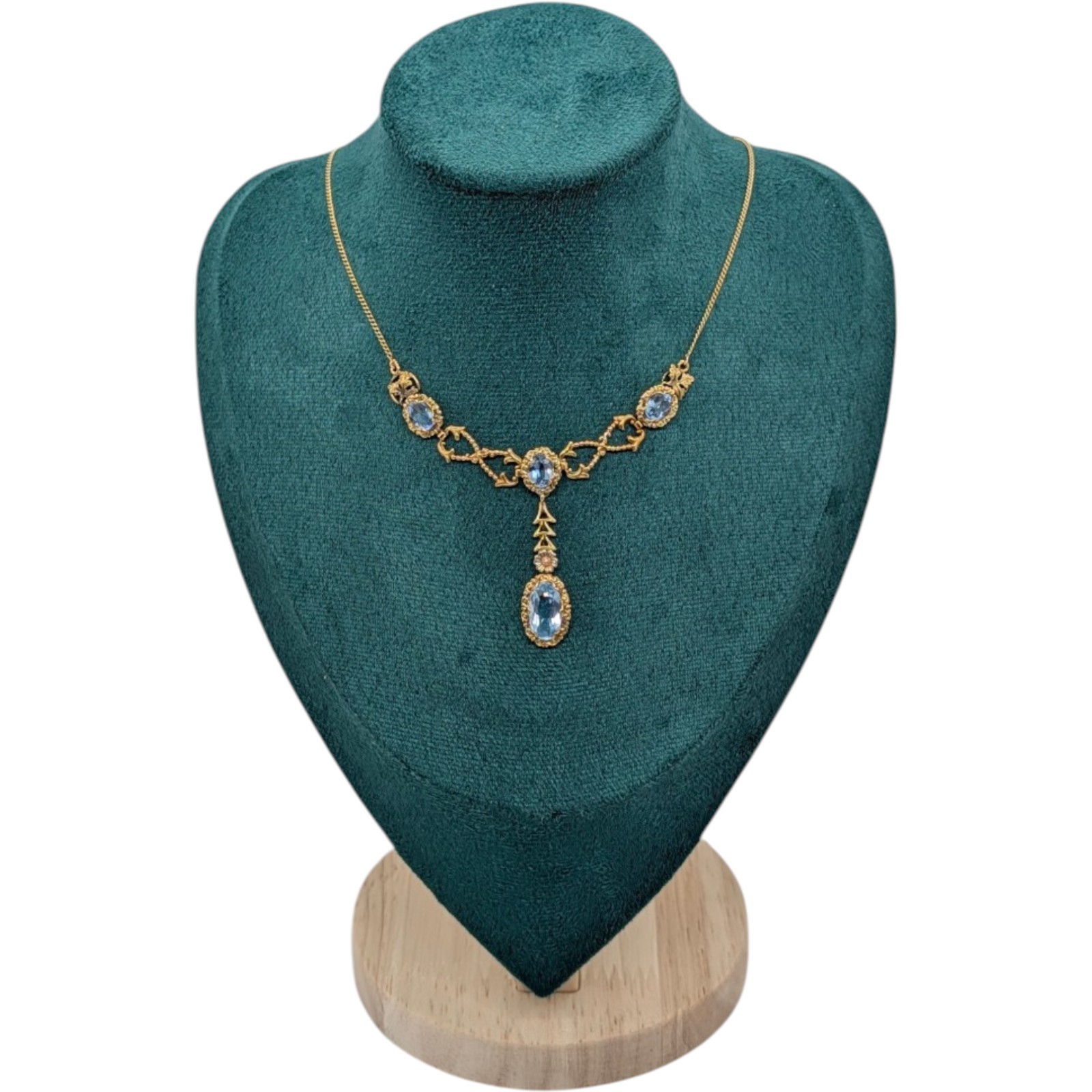 Antique 14K Gold Aquamarine Drop Necklace Blue Gemstone 8.52g 36cm