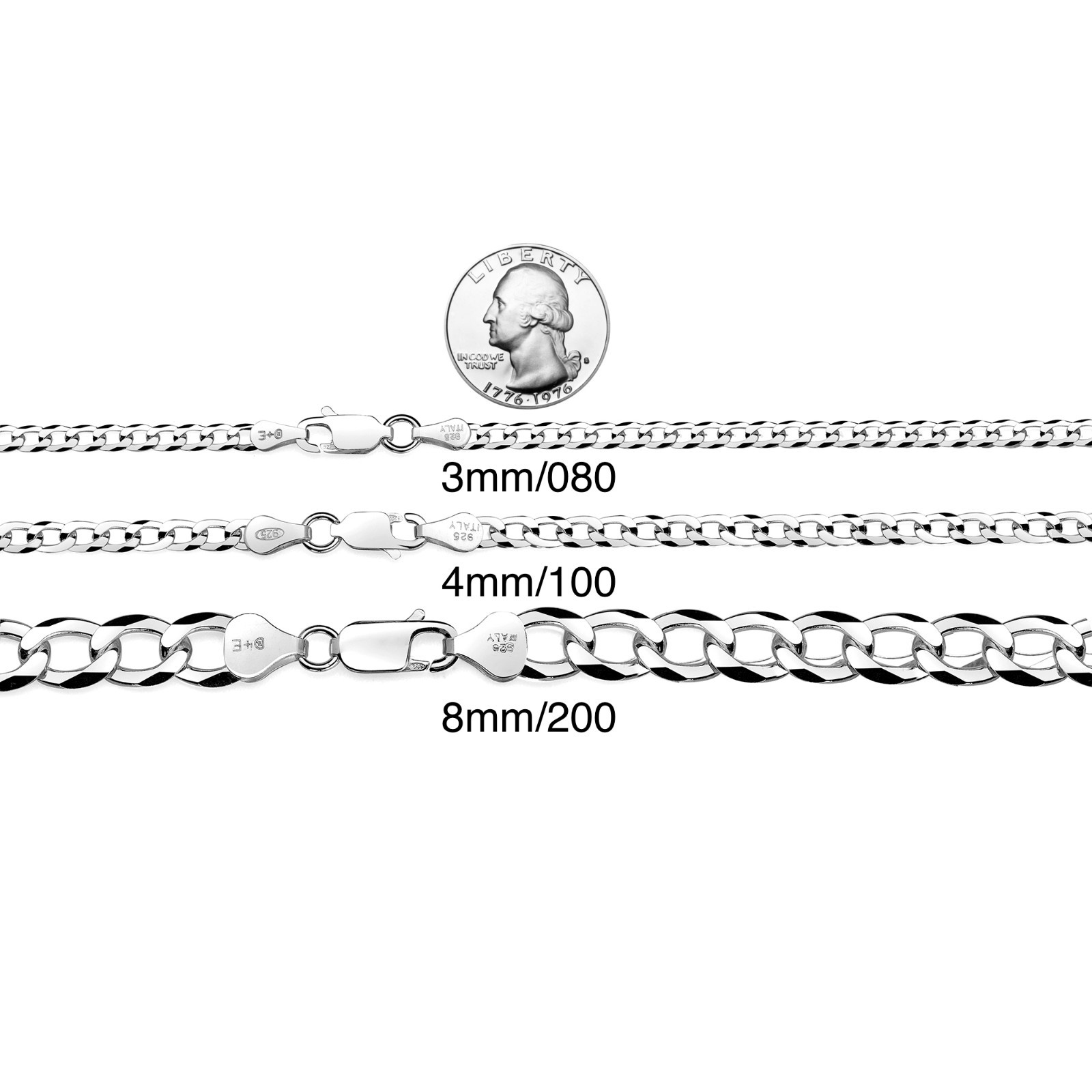 Men’s 925 Sterling Silver Curb Chain Necklace Made in Italy (Size 3mm-8mm)