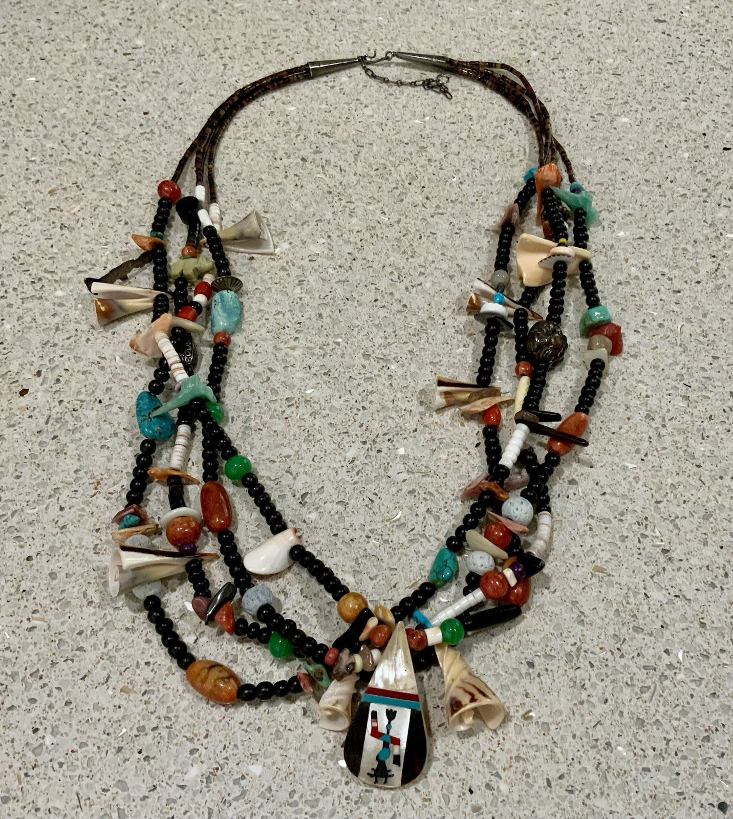 Multi-Strand Native American Style Fetish Necklace Carved Animals Stones & Shell