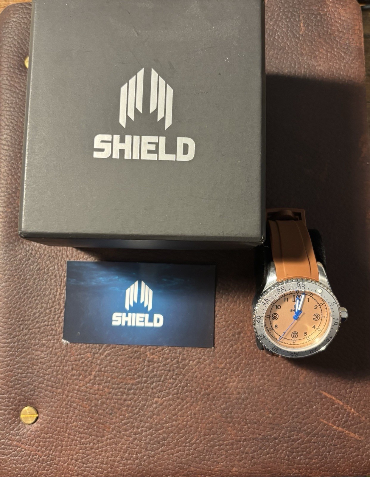 SHIELD Analog Japan Movement 200m Beige Dial Brown Silicone Strap w/Box