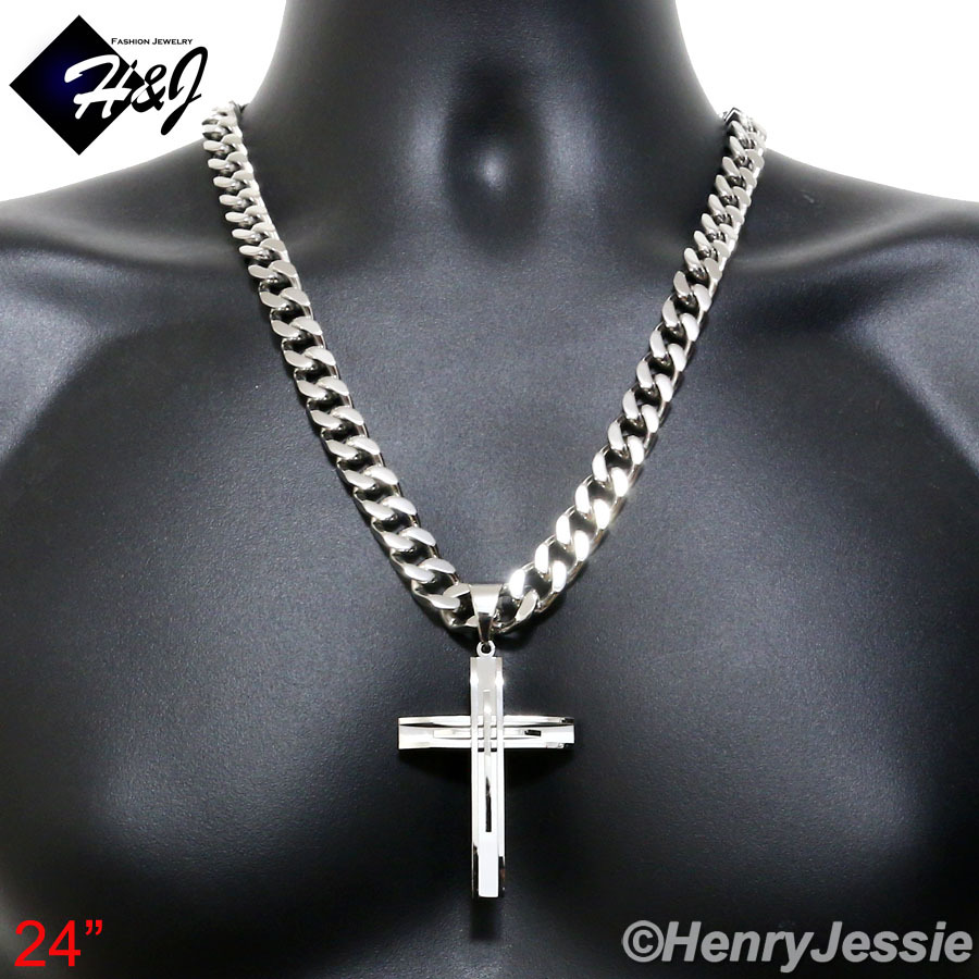 18″-40″MEN Stainless Steel WIDE 11mm Silver Cuban Curb Necklace Cross Pendant*A