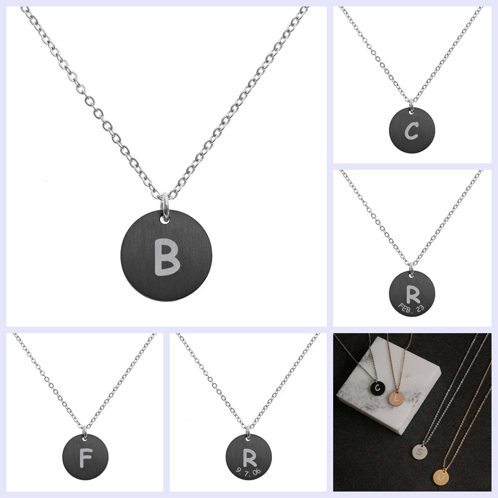 Engraved Black Metal Initial Letter Disc Pendant Chain Necklace 18.5 in + 2.5 in