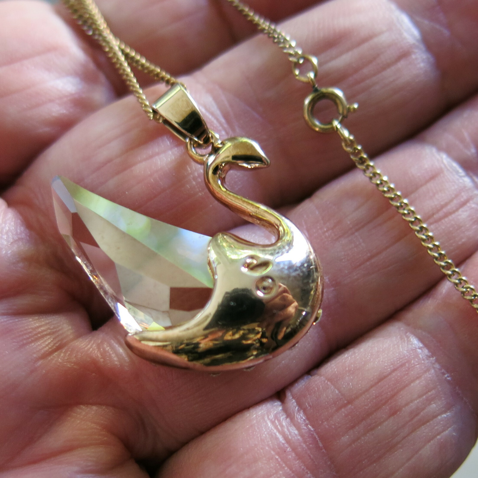 Swarovski Crystal Swan Pendant in Gold Tone Metal & Gold Filled 19 Chain [6611]