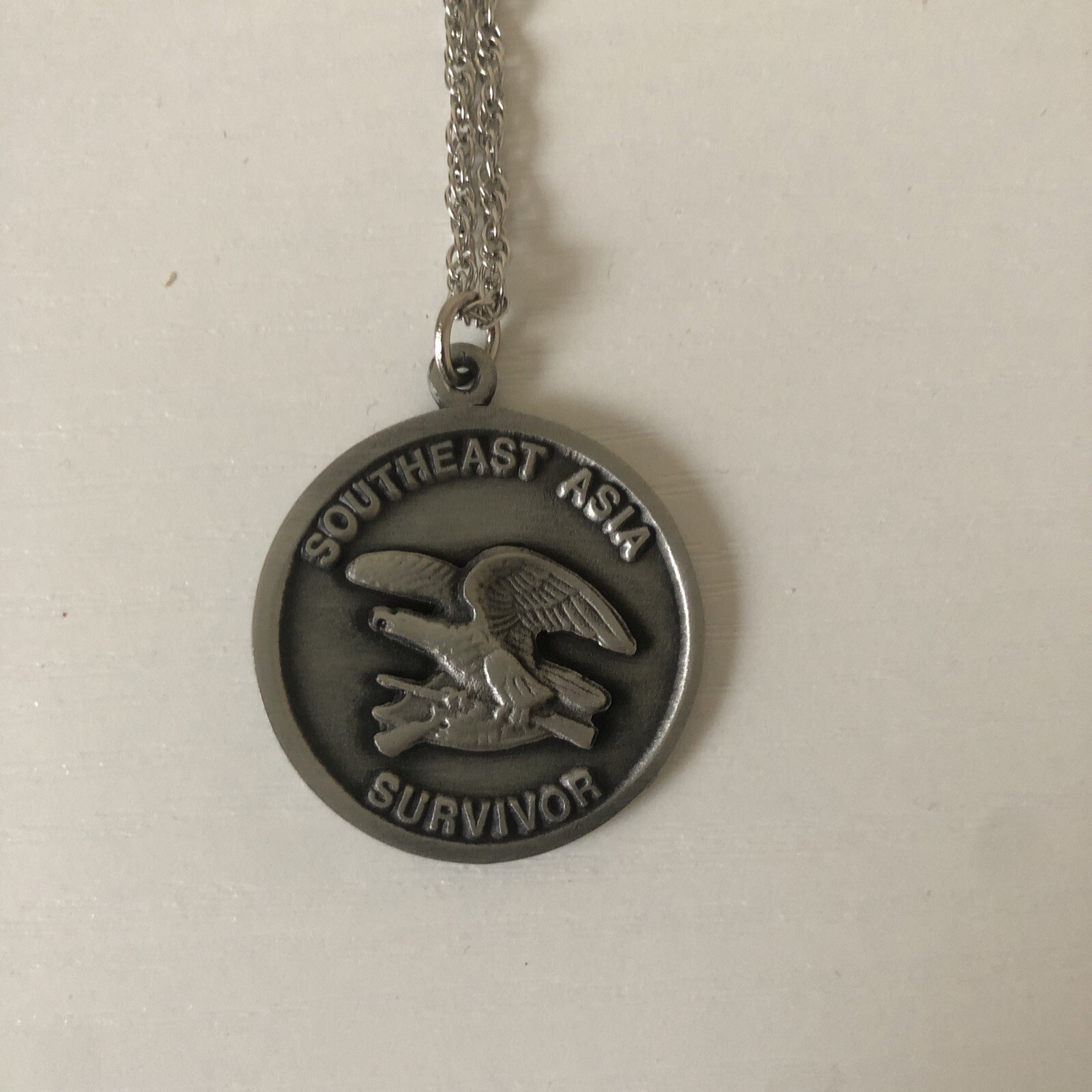 Southeast Asia Survivor Pewter Eagle Medal Pendant Necklace Chain