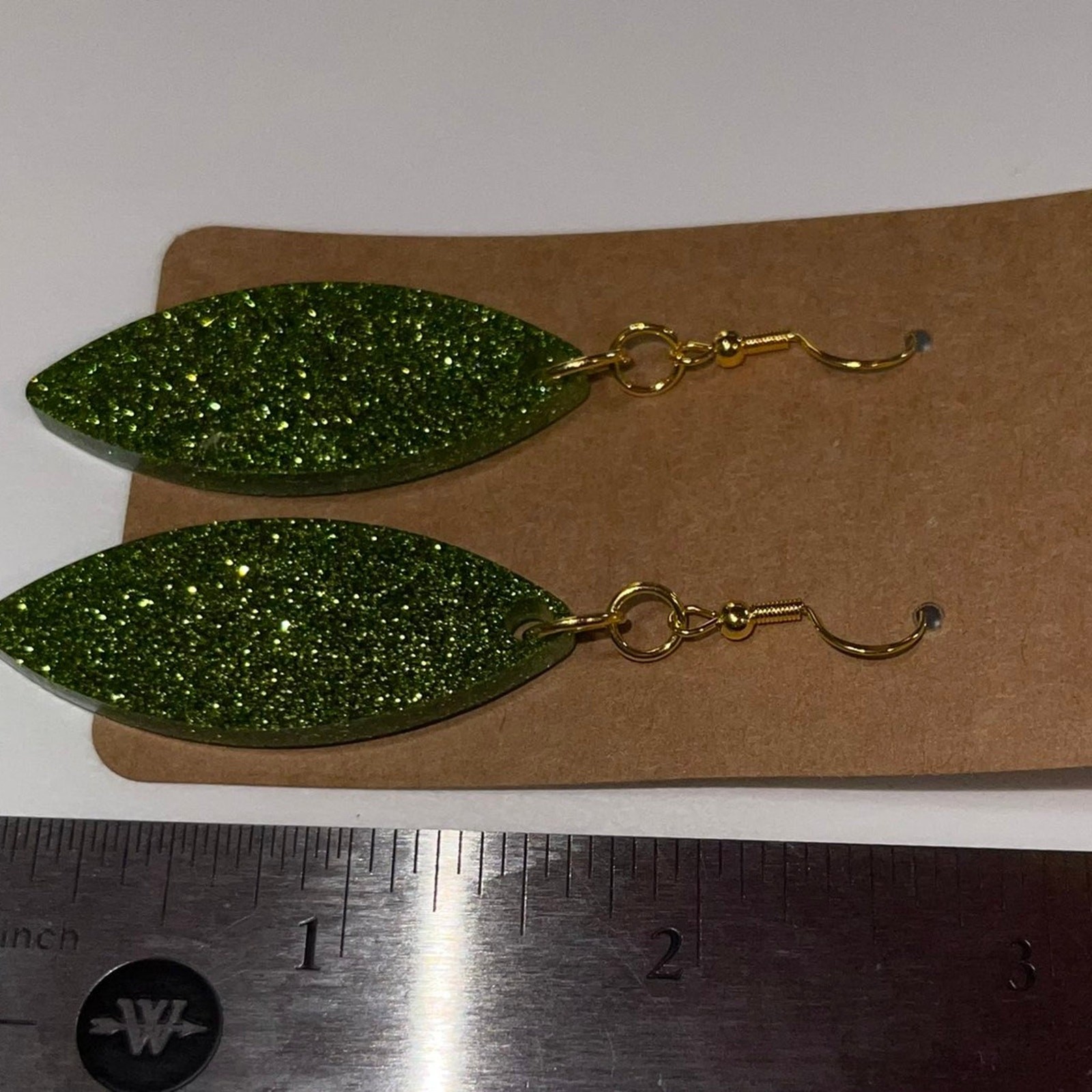 Handmade epoxy resin marquis pointed oval dangle earrings lime green glitter