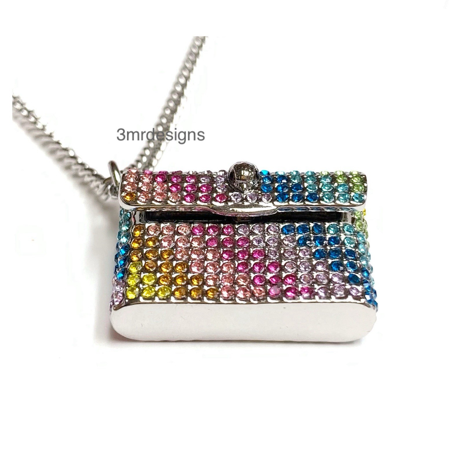NWT KURT GEIGER Rainbow Crystals Silver Tone Kensington Mini Bag Long Necklace