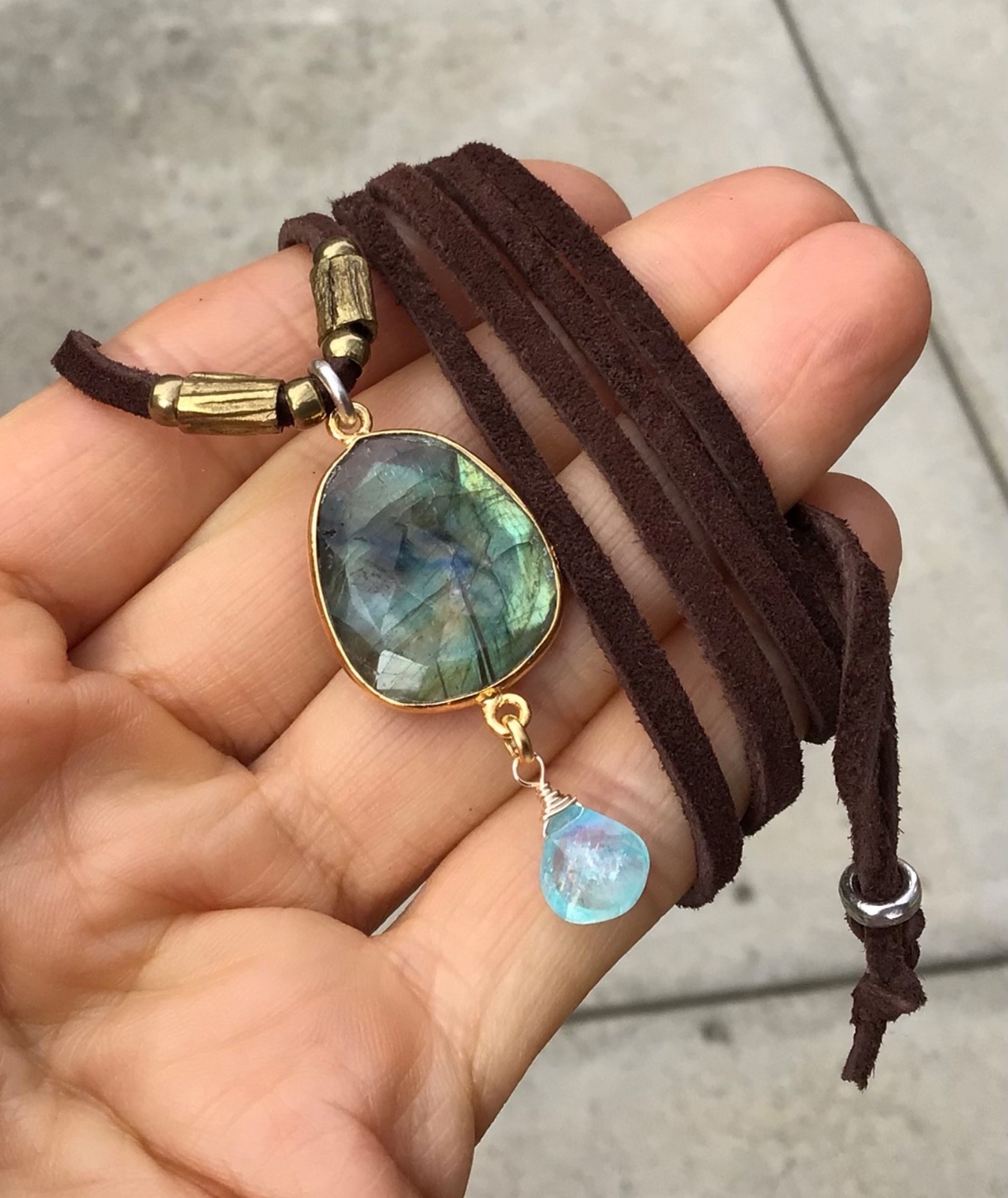 $270 Labradorite Aquamarine Sundance Charm Necklace leather suede cord jewelry