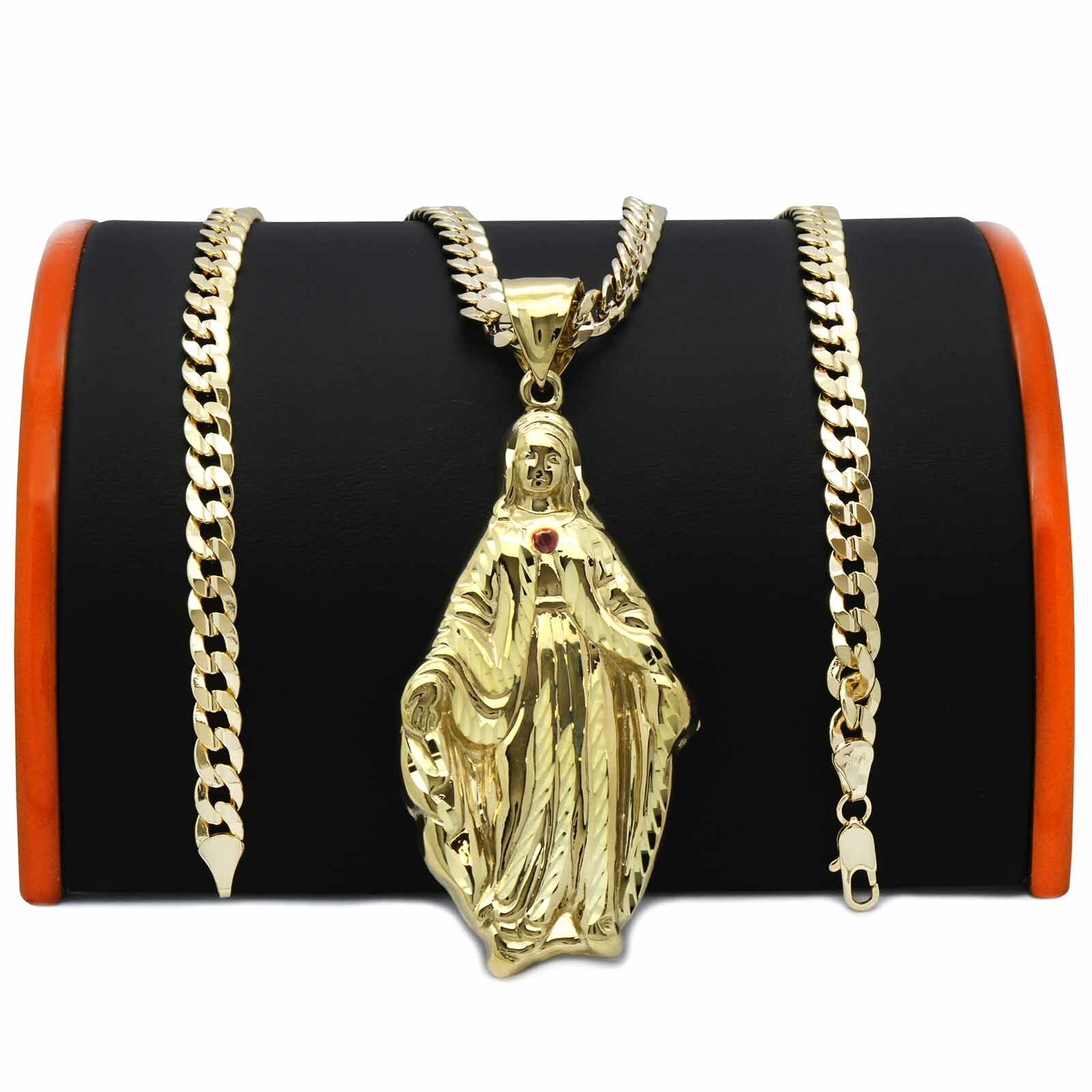 18k Gold Plated Virgin Mary Religious Pendant Cubic Zirconia 24″ Cuban Chain L