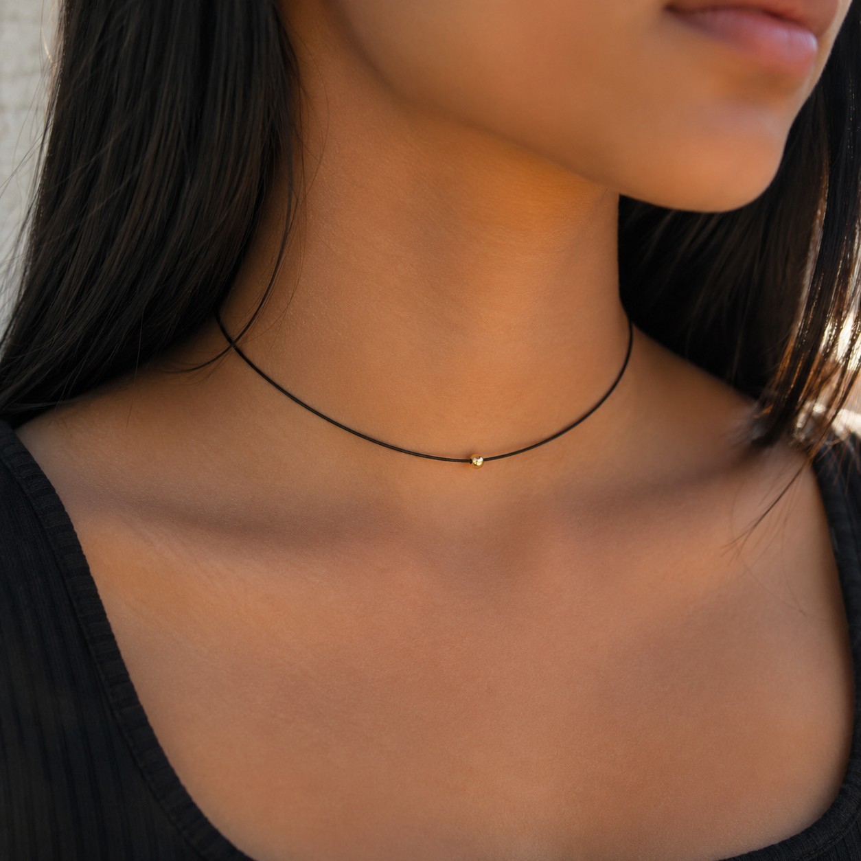 Black oCord String Choker Rope Necklace 14k Gold Bead – Handmade Waterproof
