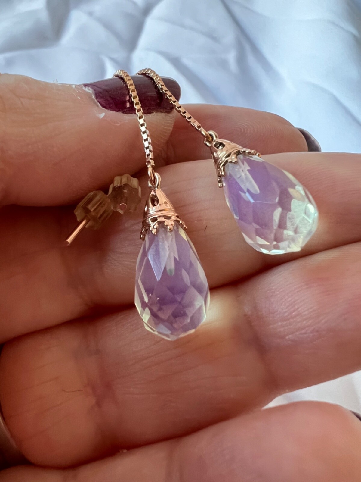 14K PINK ROSE GOLD MOONSTONE THREADER PULL THROUGH CHAIN DANGLE DROP EARRINGS