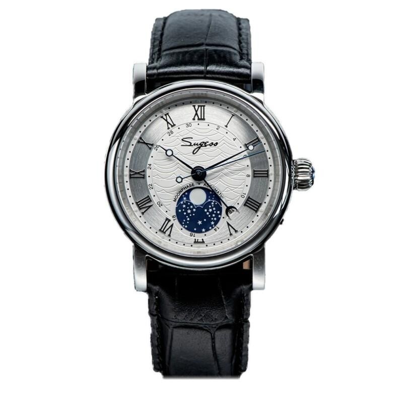 Sugess Moonphase Mechanical Steel Leather Black White Sapphire Men’s Watch