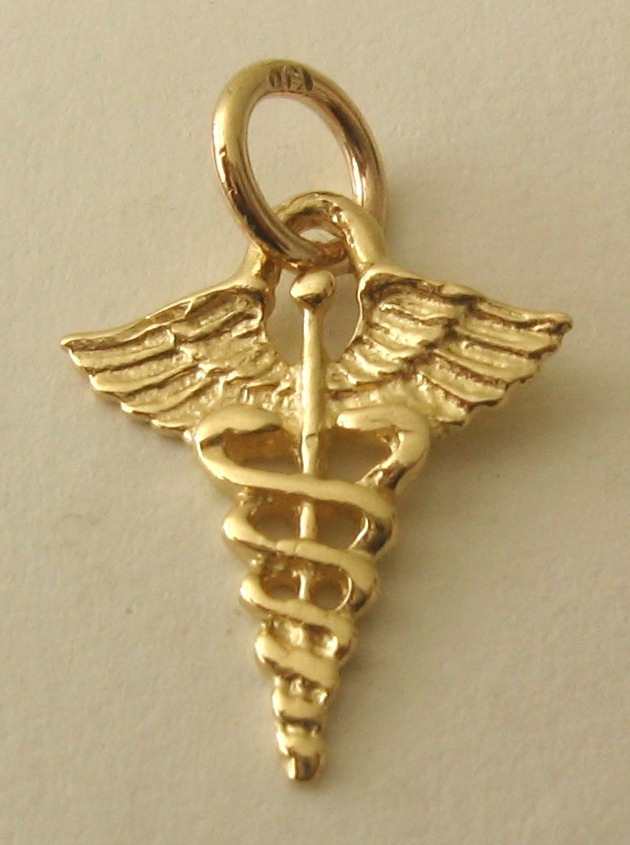 SOLID 9K 9ct Yellow Gold CADUCEUS MEDICAL SYMBOL Charm Pendant
