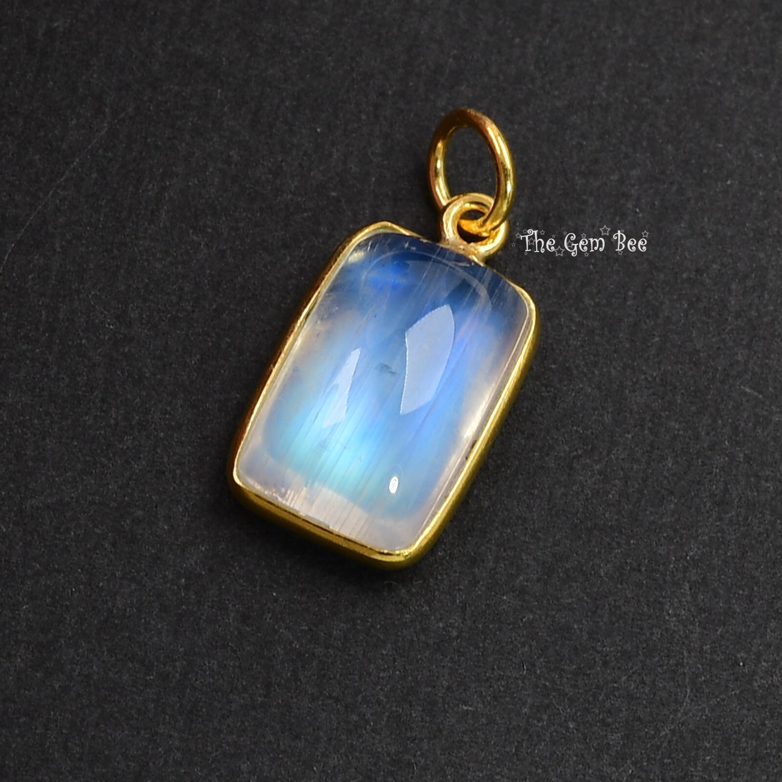 7.7CT 18k Solid Gold Blue Flash Rainbow Moonstone Pear Bezel Pendant Charm