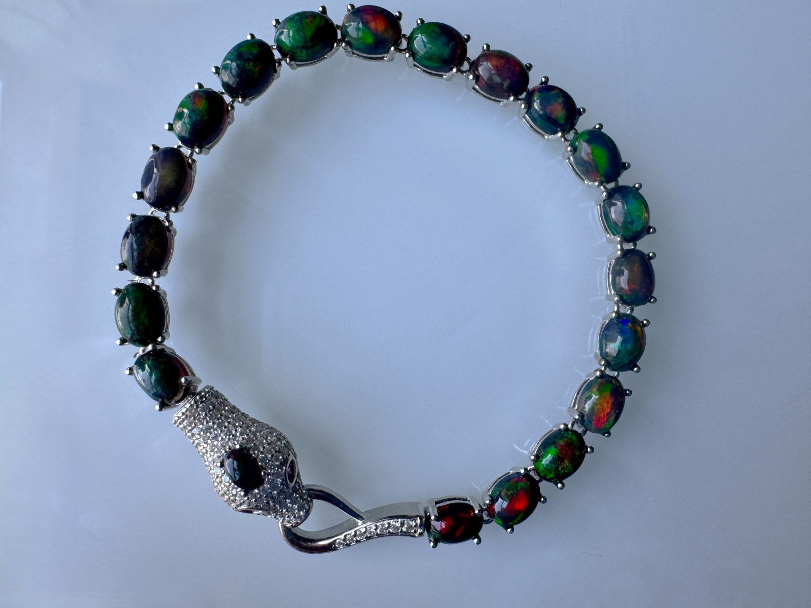 Ethiopian 7x5mm Black Opal Ruby CZ 925 Sterling Silver Cobra Push-Lock Bracelet