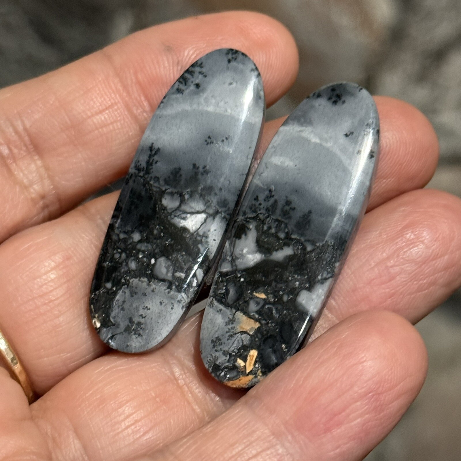 59ct 41×14.5×4.8mm Pair Fine Gray Scenic Oval Picture Maligano Jasper Cabochons