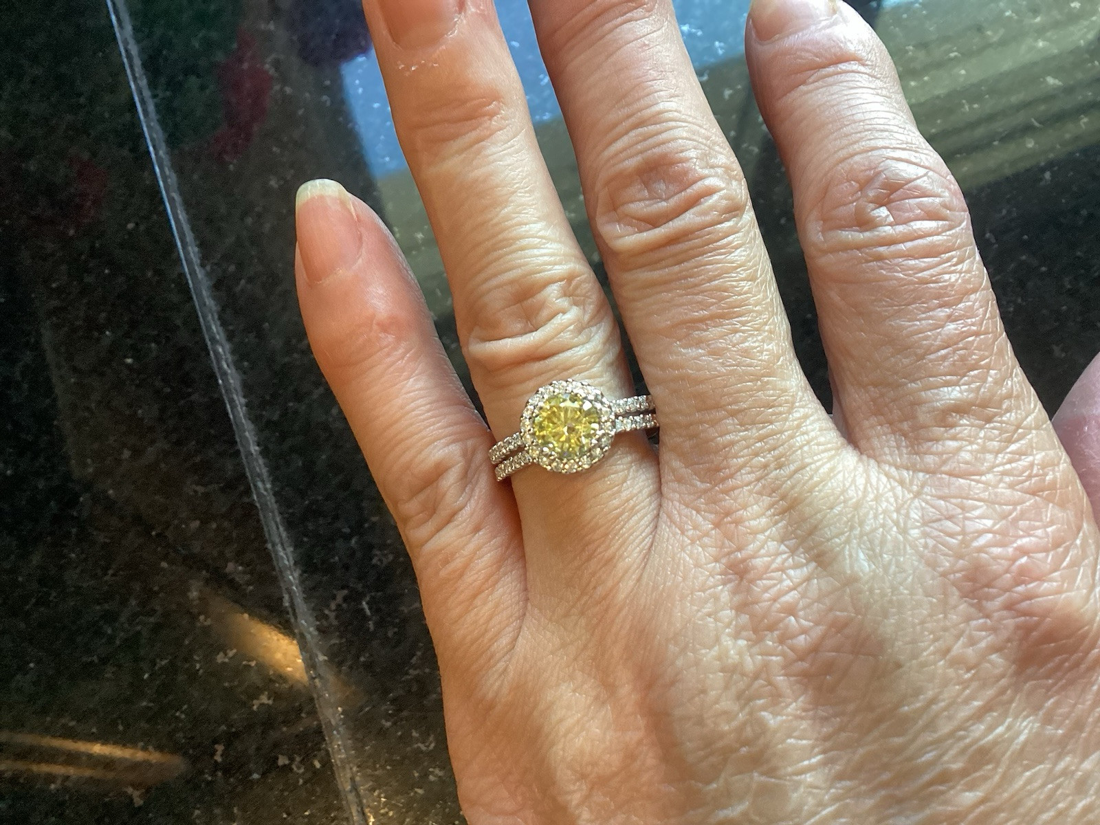 1ct Fancy Vivid Yellow Moissanite Halo Set Engagement Ring