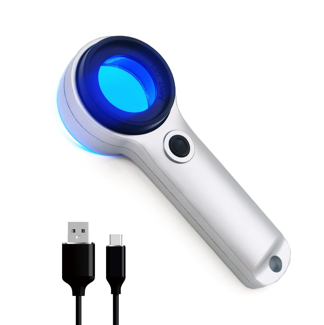 Handheld Magnifier Loupe 60X with UV & LED Lights USB Rechargeable Optical Lens