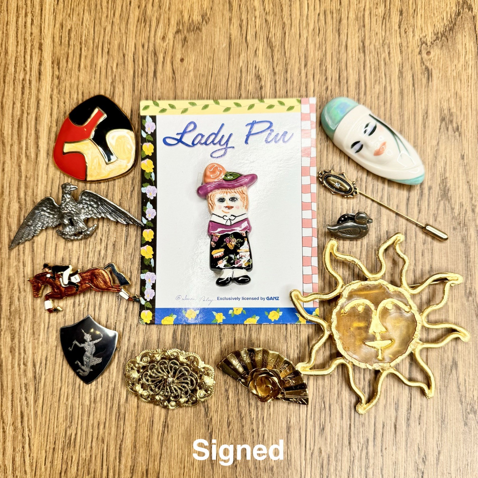Vintage Estate Sale Brooch & Pin Lot 54 Pieces w/ 1940s Silhouette Jewelry Box