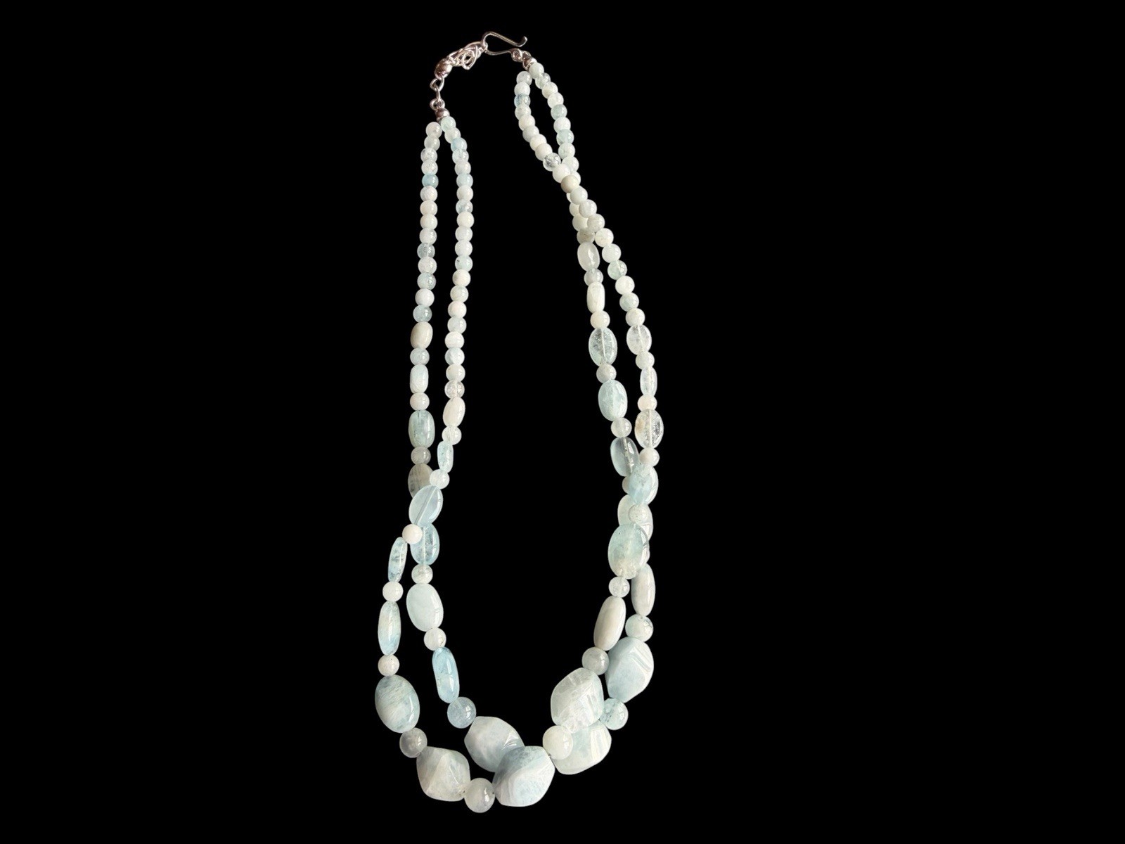Signed Jay King DTR Sterling Silver Double Strand Aquamarine Beaded Necklace