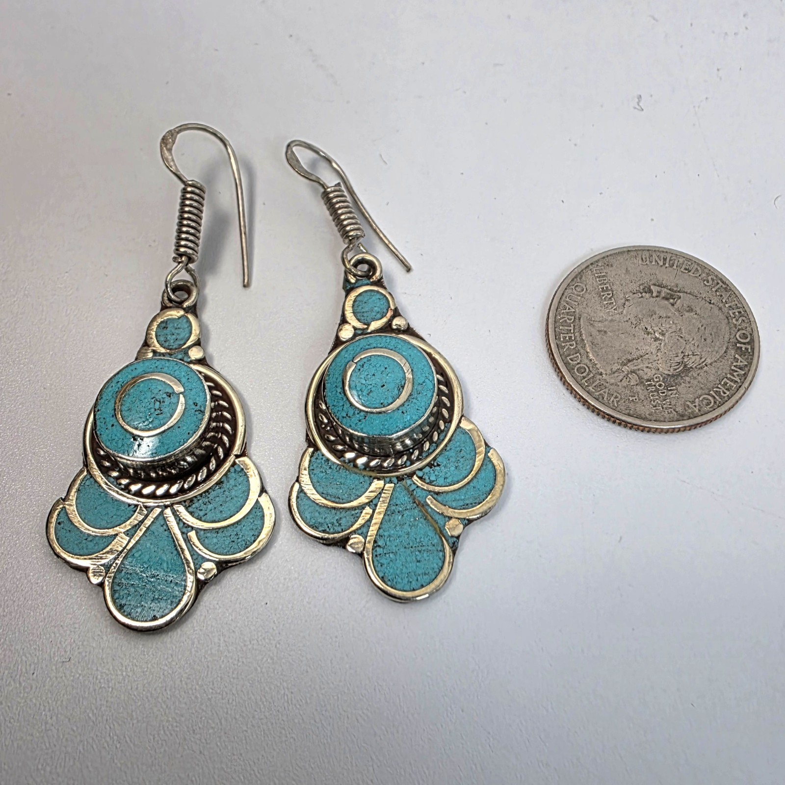 Tibetan Handmade Dangle Earrings In Turquoise Gemstones Boho Style #885