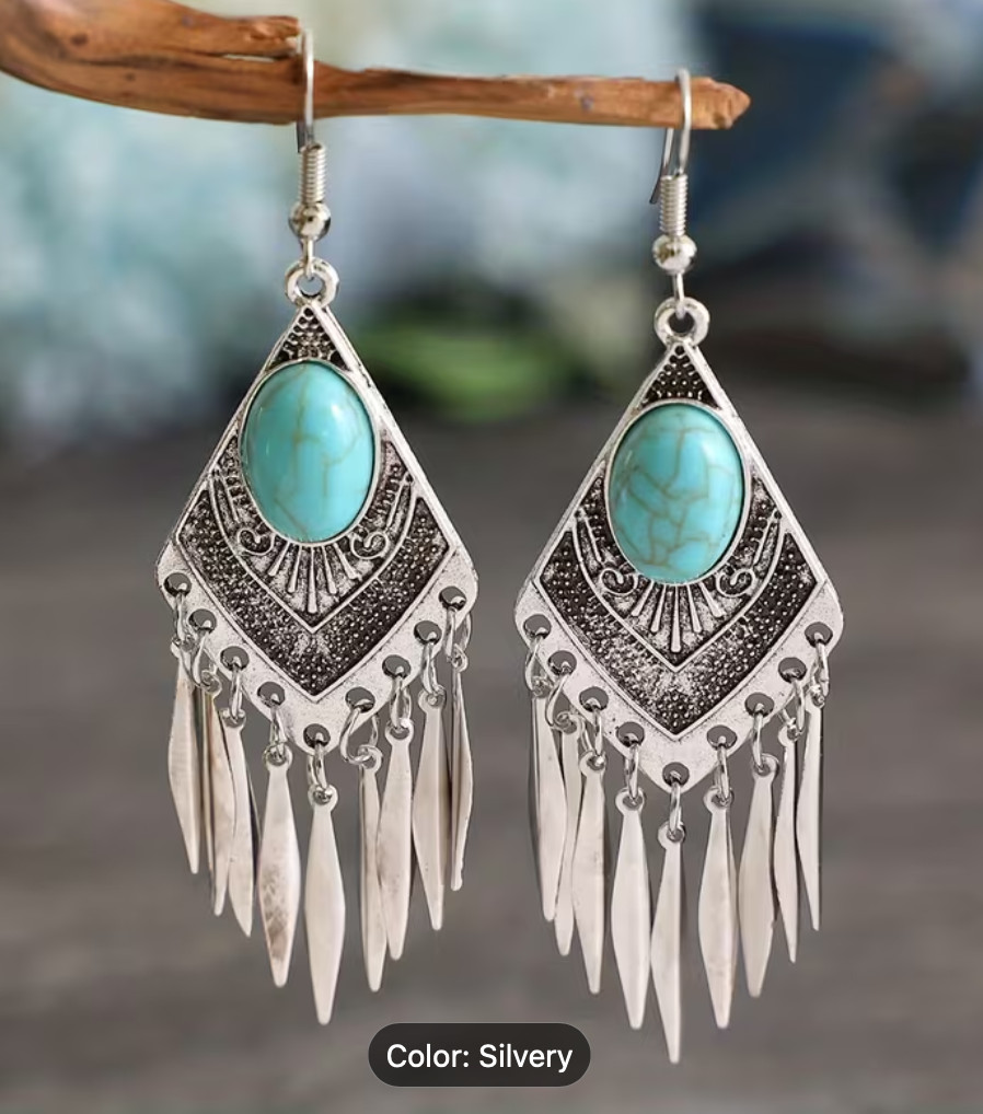Bohemian Ethnic Style Turquoise Design Hook Earrings Zinc Alloy Silver Plated