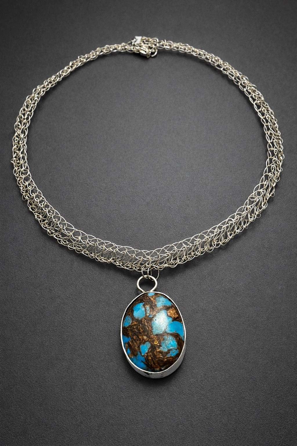 USA Artisan Made Silver Necklace with Turquoise and Bronzite Stone 18”