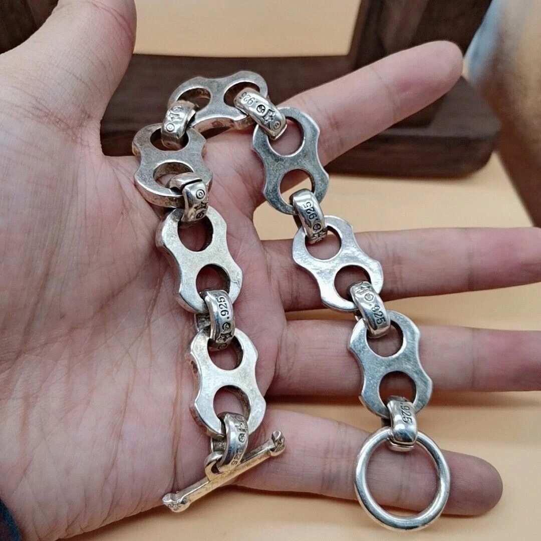 Alloy Curb Link Bracelet Toggle Clasp Vintage Silver Color Unisex Wrist Jewelry