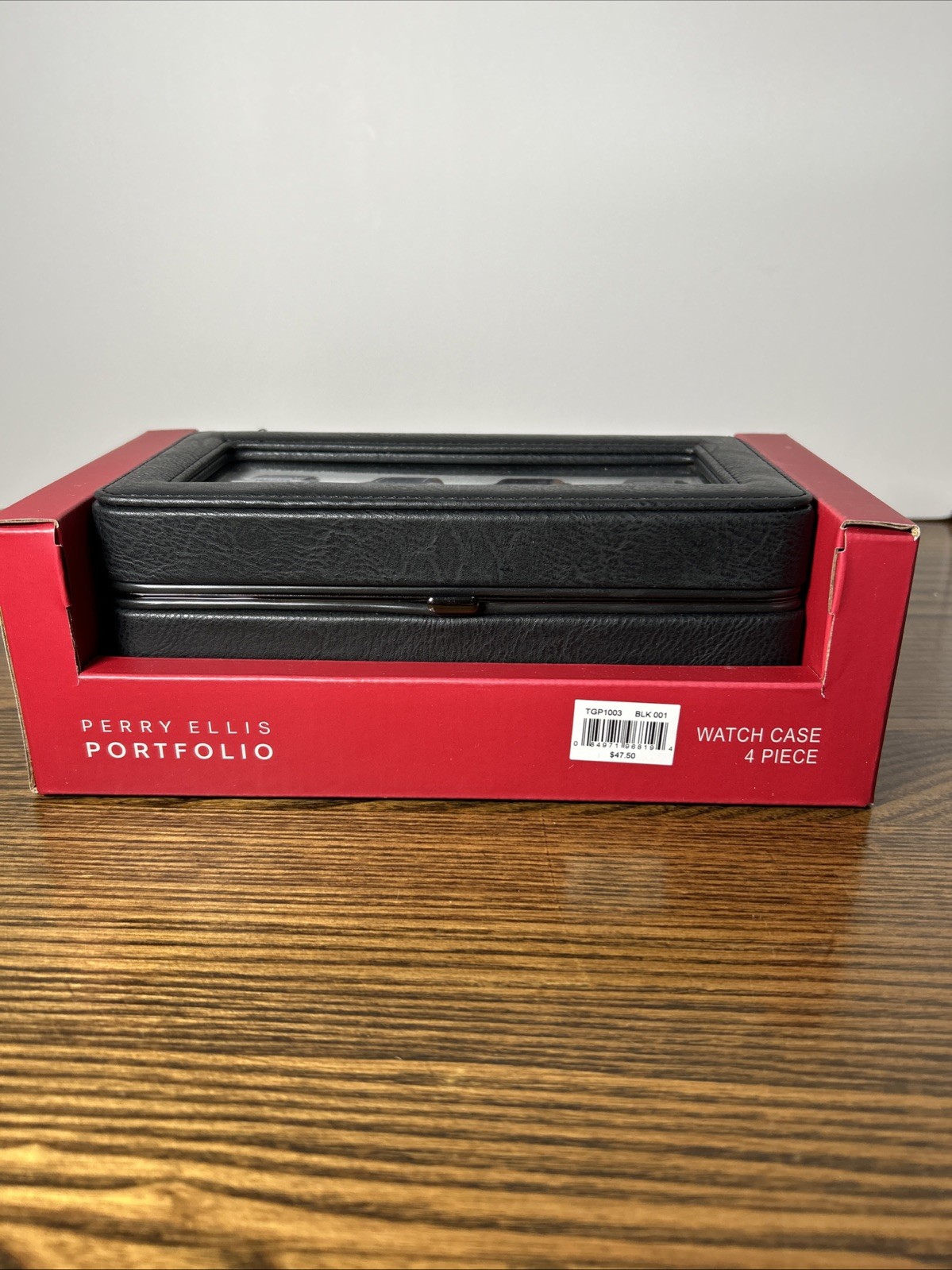 Perry Ellis Men’s Black 4 Slot Cushion Lid Faux Leather Case Slim Watch Box