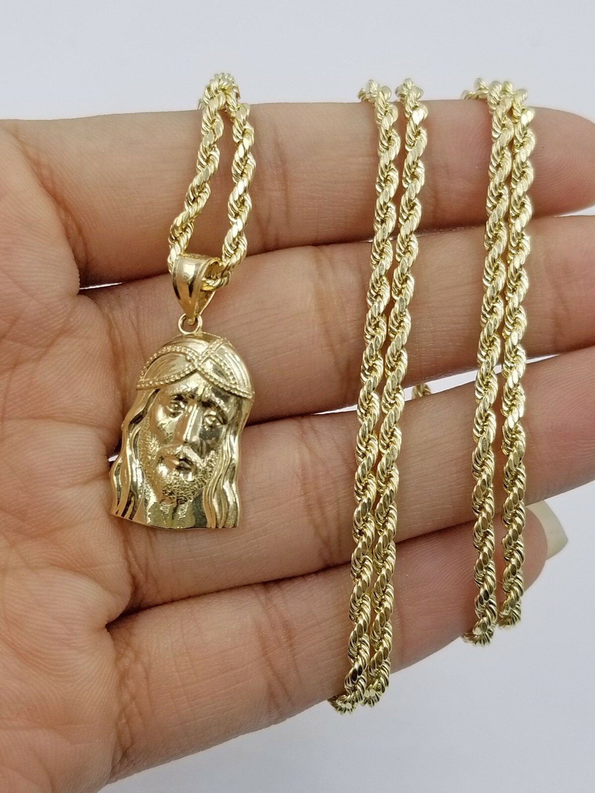 Real 10k Yellow Gold Jesus Head Charm Rope Chain 2.5mm 18″ 20″ 22″ 24′ 26″ 28″