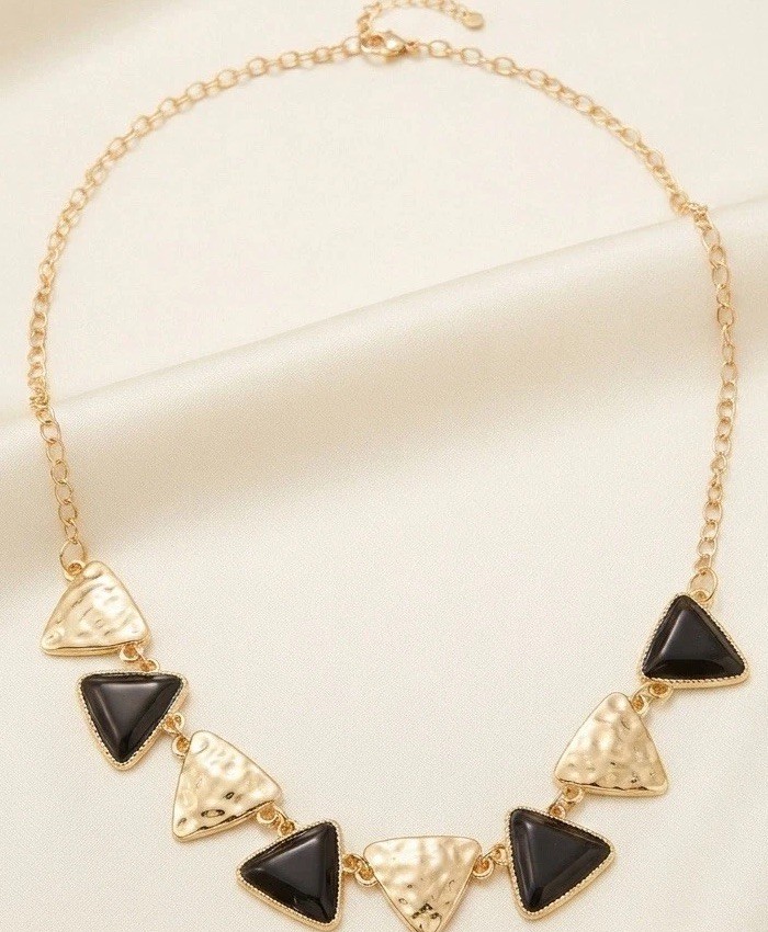 Gold Tone Geometric Triangle Charm Station Necklace Black Accents Adjustable