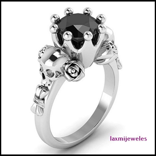 2.4Ct Black Onyx Lab-Created Diamond Skull Ring 925 Silver Gothic Rose Flower
