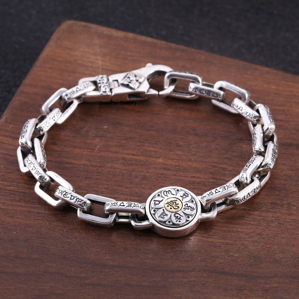 Solid S925 Sterling Silver Bracelet 8mm Six Words Cable O Link Chain 7.1-8.7in