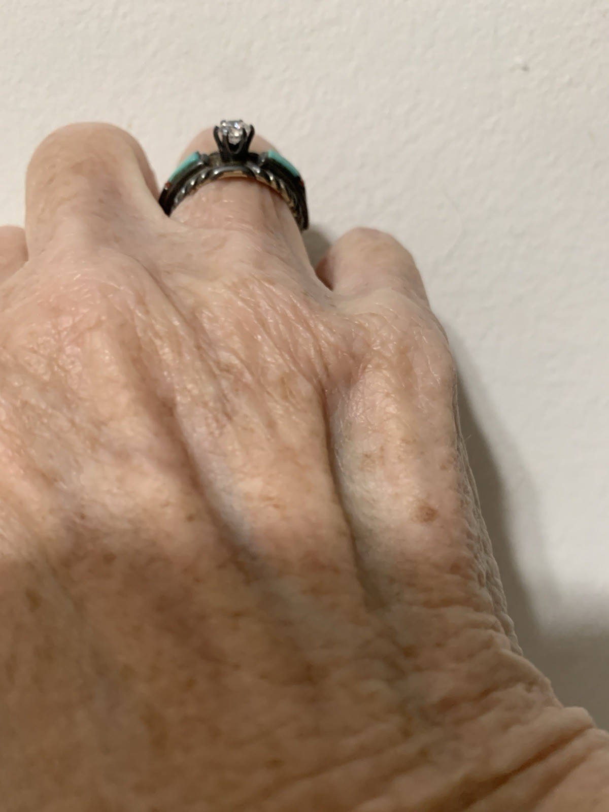 American Navajo Style Woman’s SS Engagement Ring,Inlaid Turquoise,CZ center, 7.5