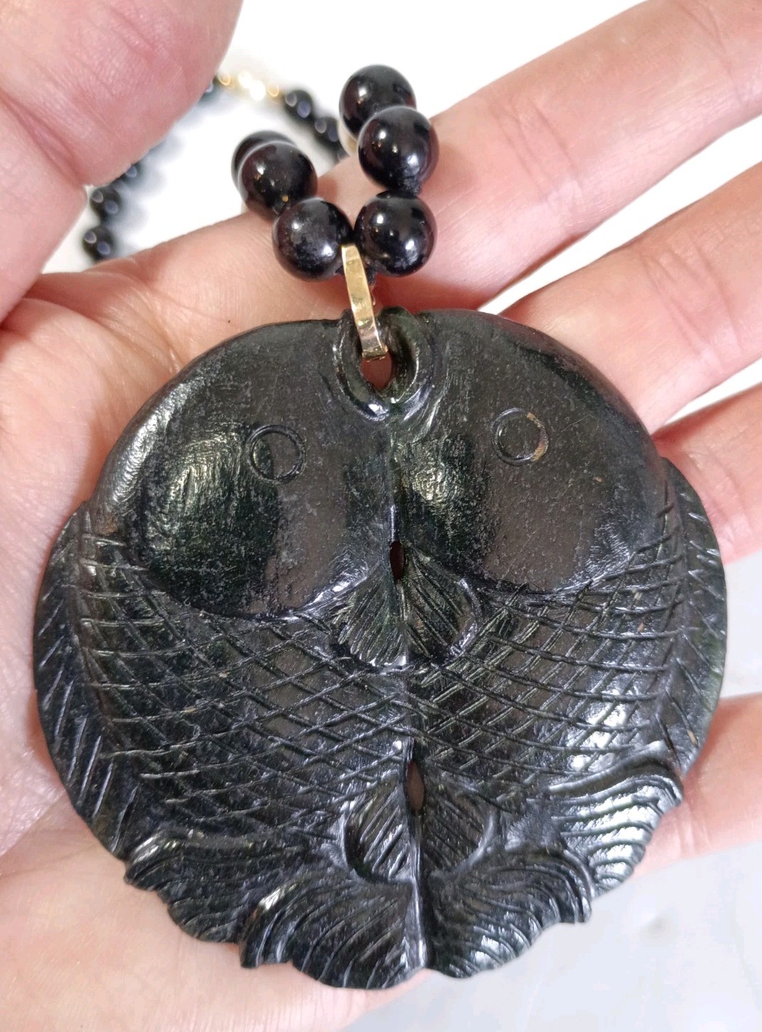 Estate Black Jade 14K Gold Pearl Double Koi Fish Beaded Necklace 28″