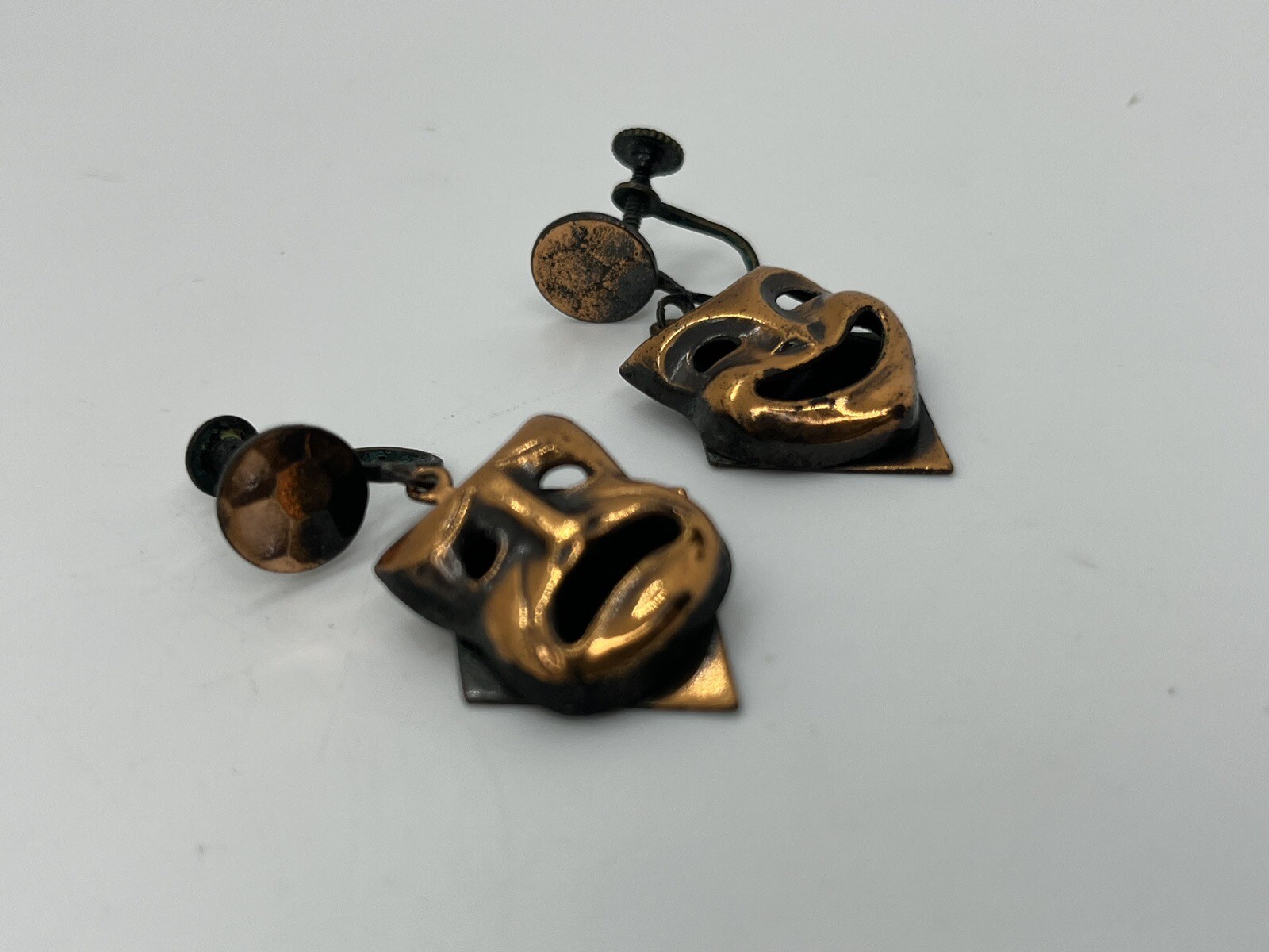 Vintage Drama Comedy & Tragedy Face Masks Copper Dangle Screwback Earrings