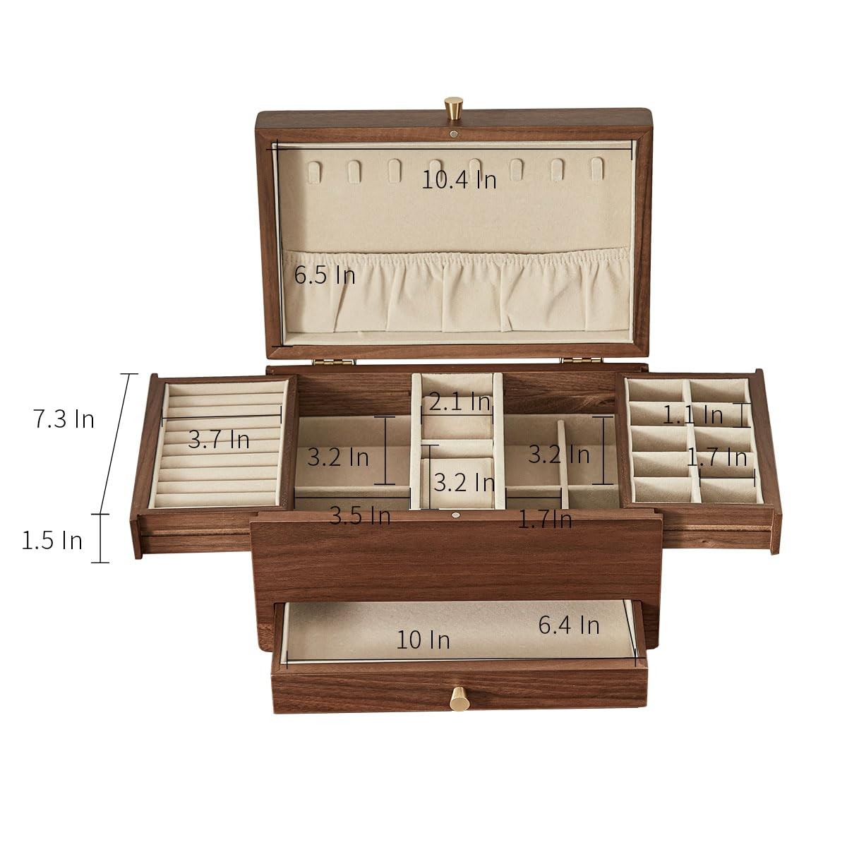 Black Walnut Wooden Jewelry Box for Women, 3 Level Multifunctional Drawer Org…