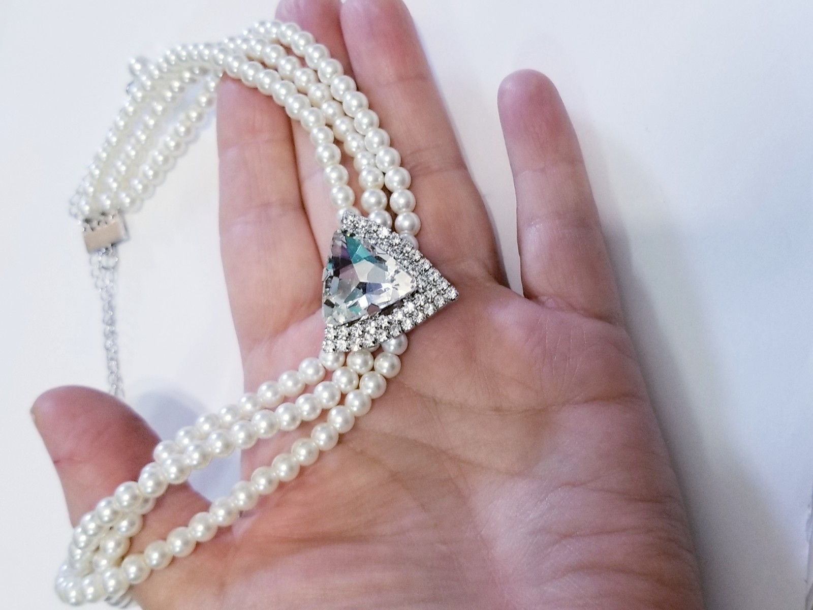Clear Crystal Choker Rhinestone Created Pearls Necklace Bridal Prom Pageant