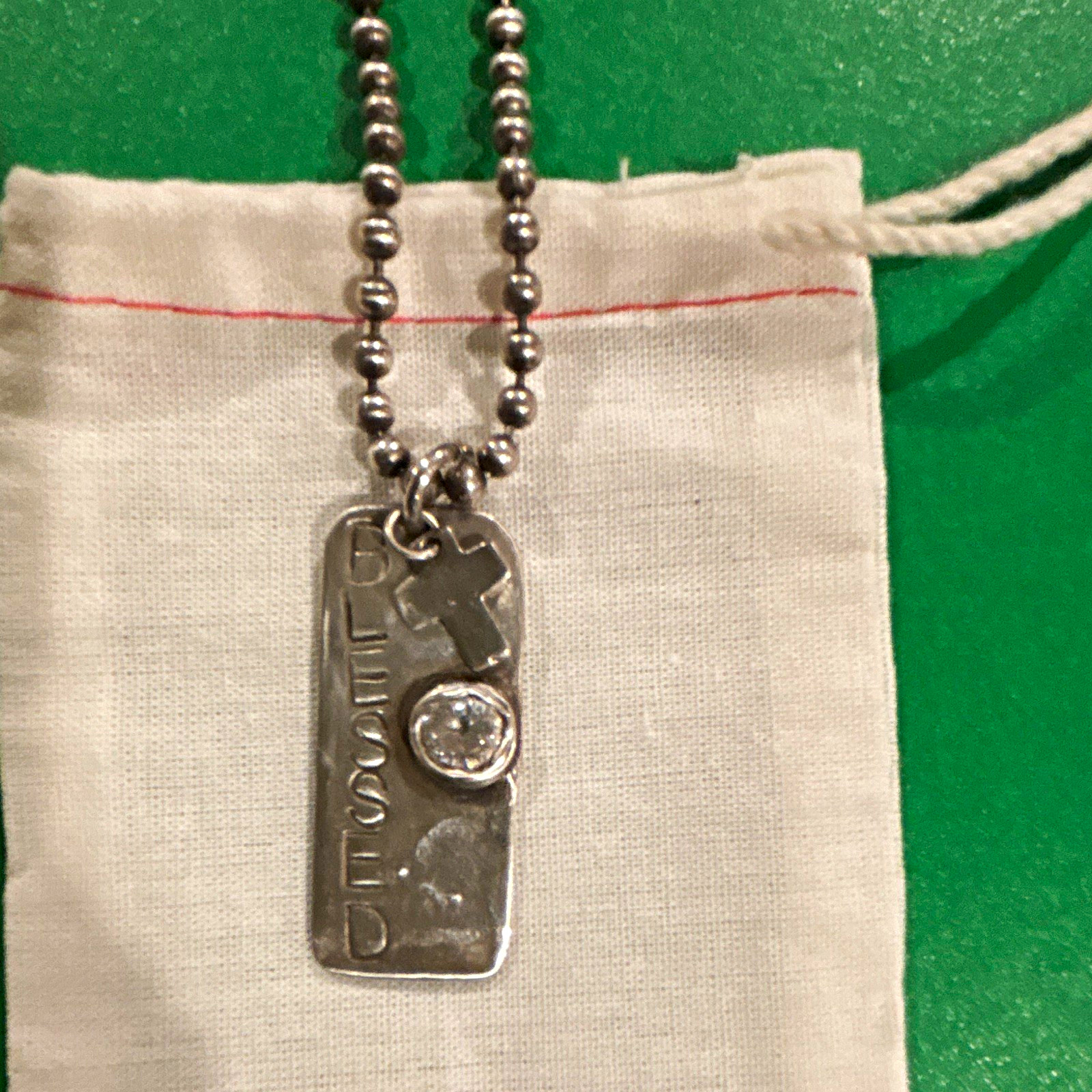 Silver Tone Ball/Bead Chain Necklace Blessed Dog Tag Cross Charm Clear Crystal