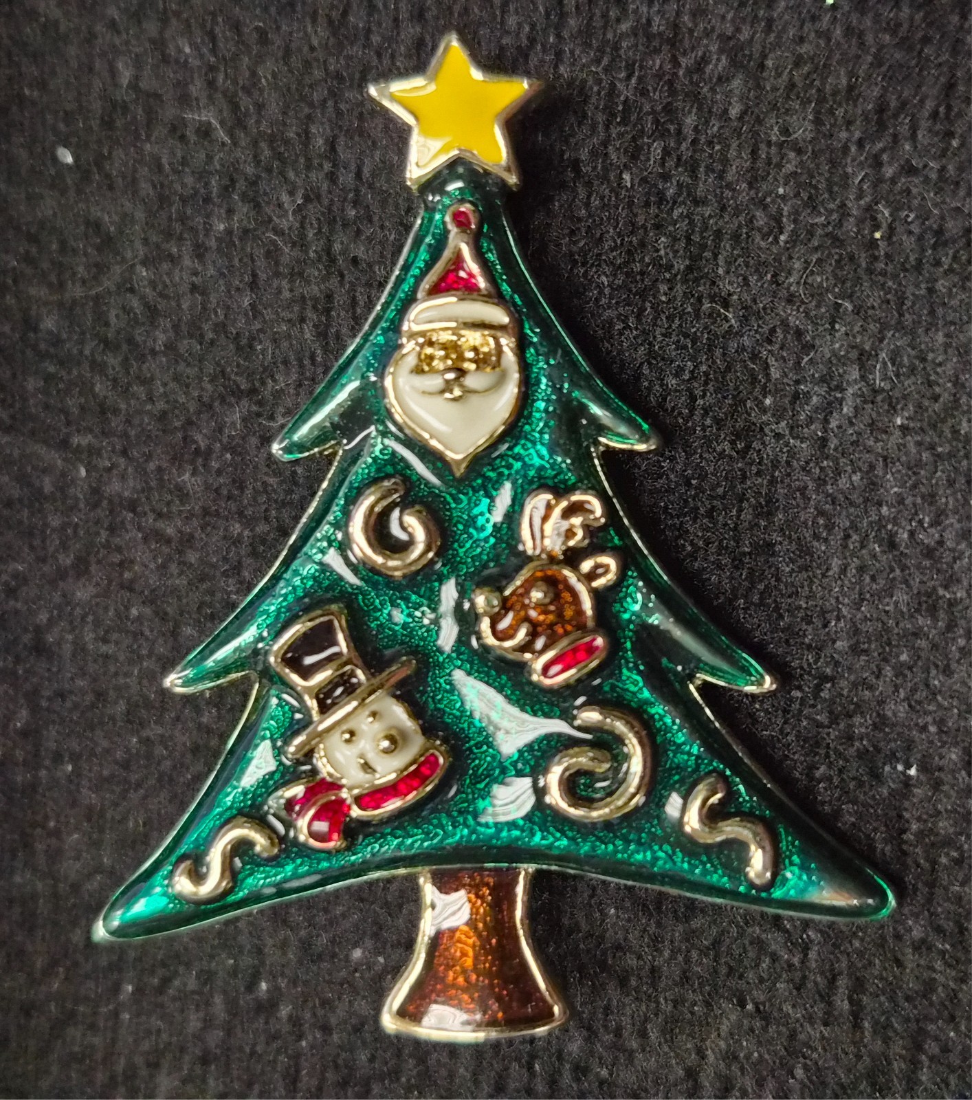 Estate Gold Tone Santa – Reindeer – Snowman Enamel Christmas Tree Pin / Brooch