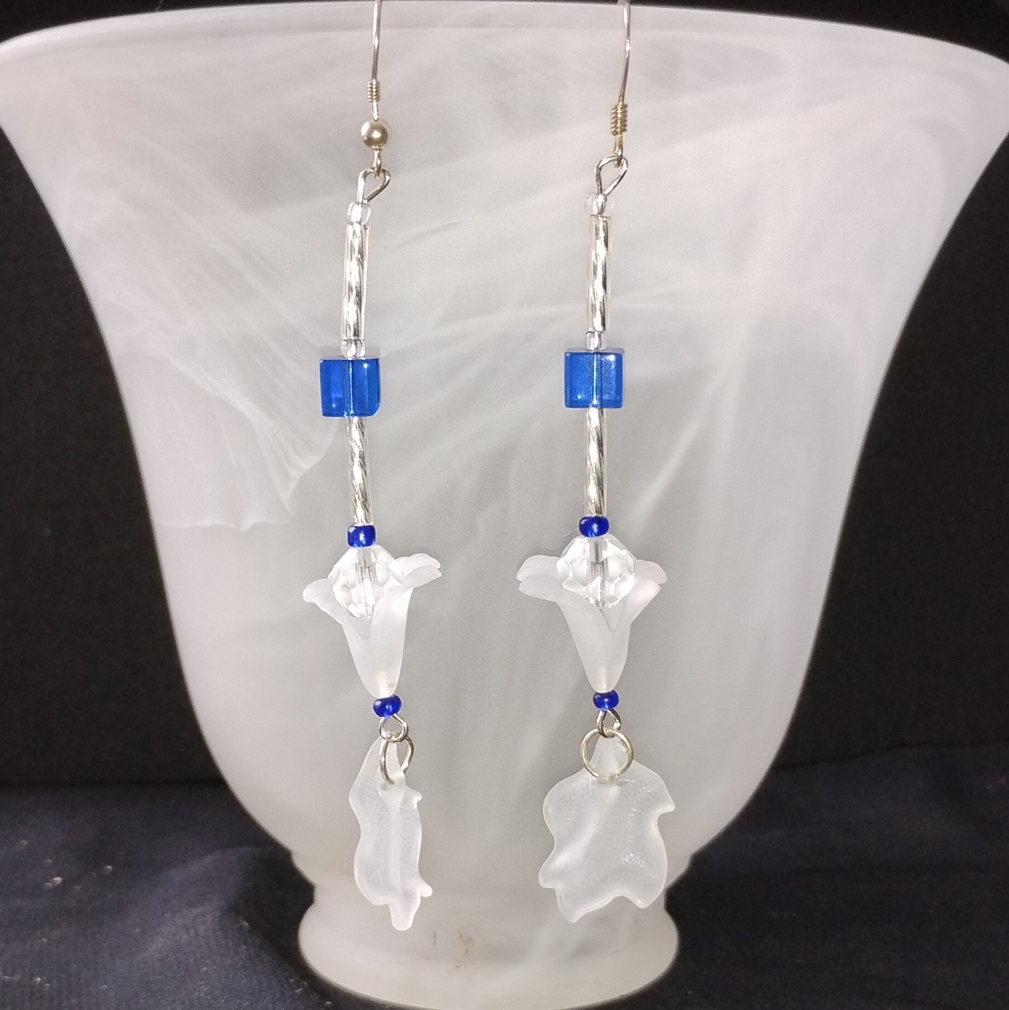 Handcrafted Glass Beaded Dangle Earrings Blue White Silver Hook Flower Nature