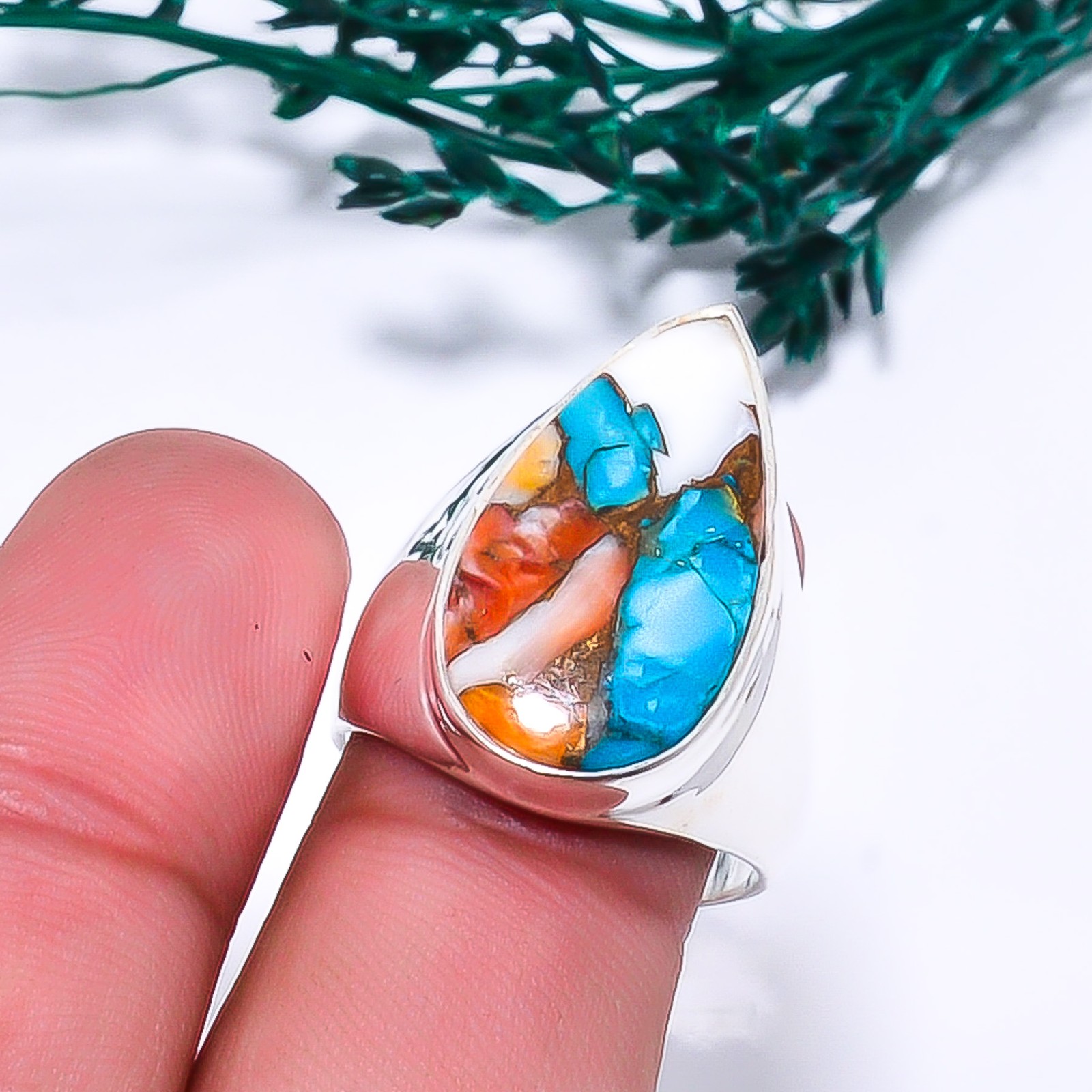 Copper Spiny Oyster Arizona Turquoise 925 Sterling Silver Ring S.8.5 R115112
