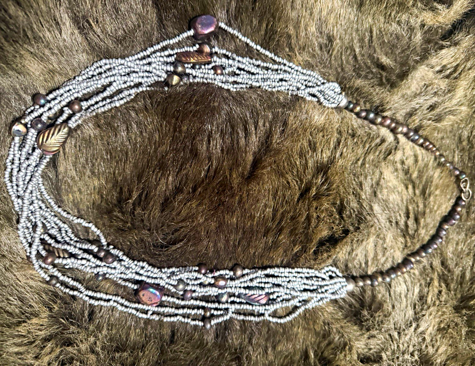 Multi-Strand Beaded Pearl & Hematite Necklace Ball/Bead Chain Silver Gray Hook
