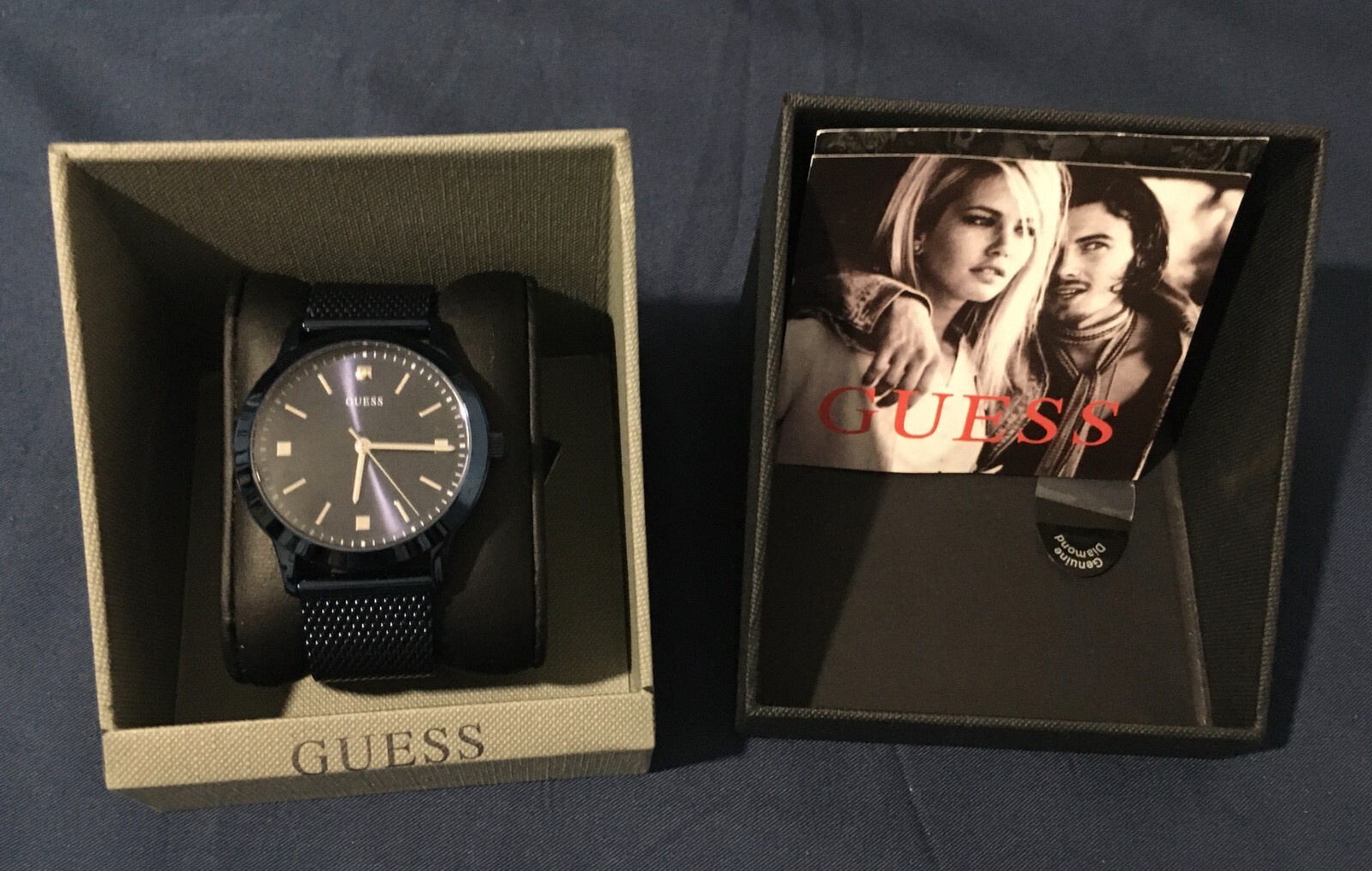 Guess Iconic Diamond Blue Dial Mesh Band Mens Watch U0919G4