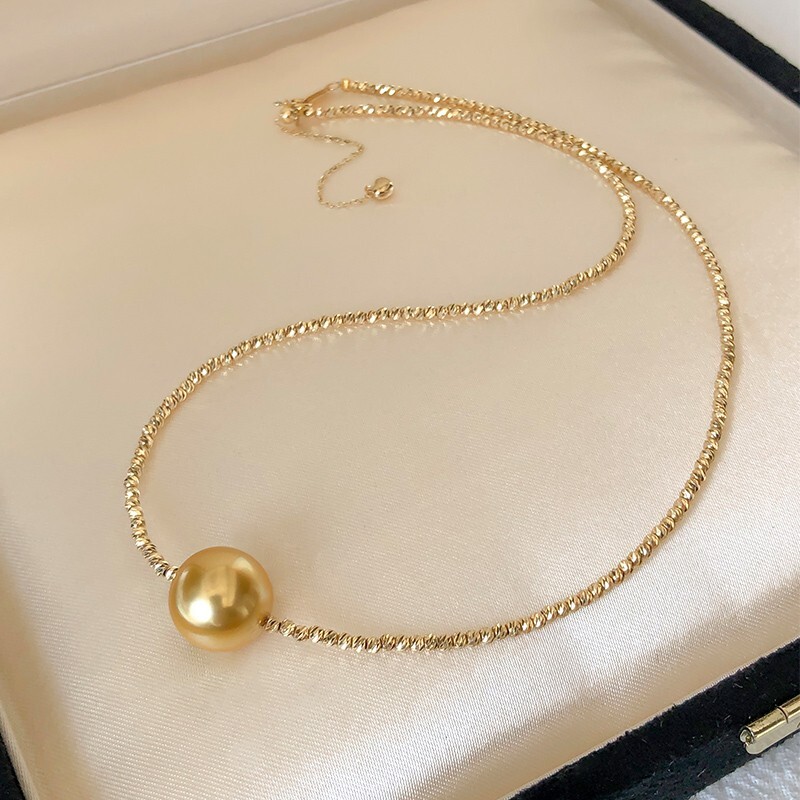 Natural 13.9mm South Sea Golden Pearl Necklace, Sunset Deep Gold with 18K Gold