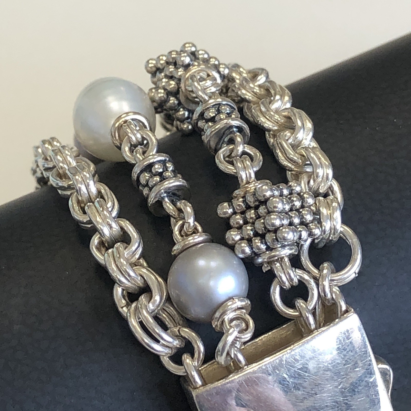 Excellent! Michael Dawkins Sterling Silver & Pearl 4-Strand Chain Bracelet 8″
