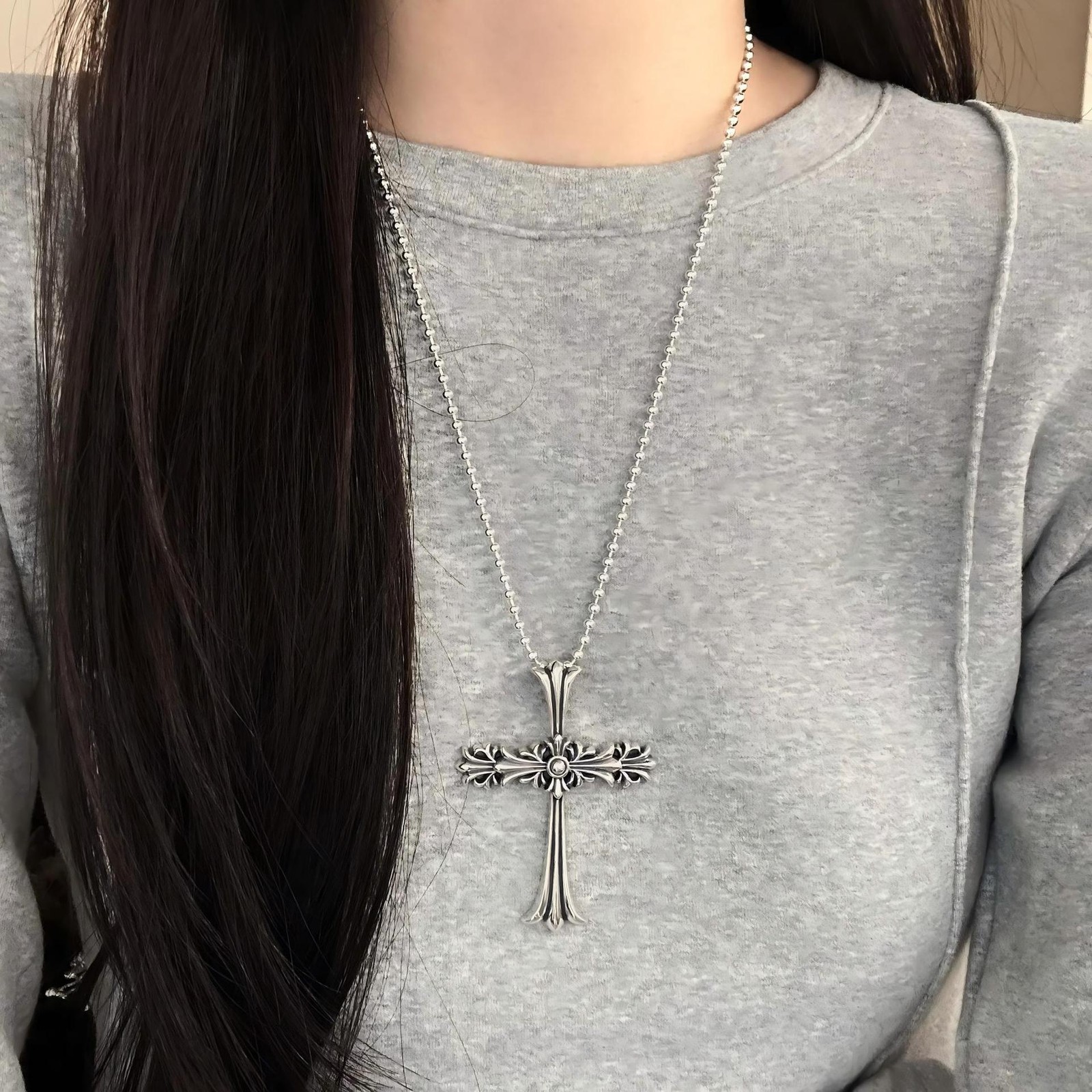 Heavy 24g 925 Sterling Silver Gothic Floral Cross Pendant Only Biker Men Jewelry