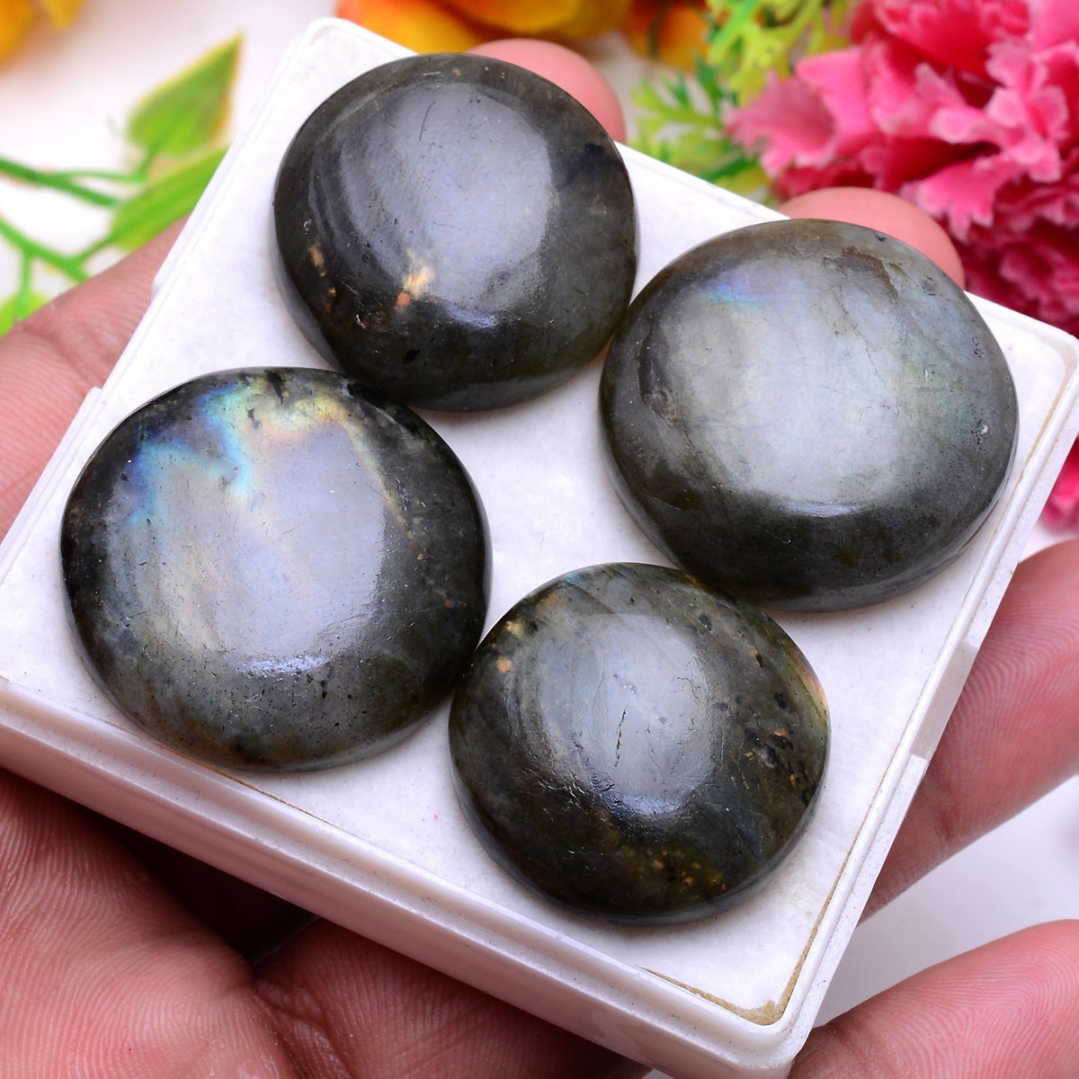 4 Pcs Natural Labradorite Flashy Round Cabochon Glossy Loose Gemstones~25mm-29mm