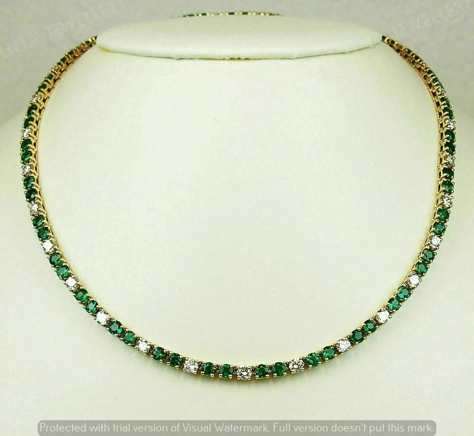 20TCW Round Cut Lab Created Emerald & Round Tennis Necklace 925 Sterling Silver