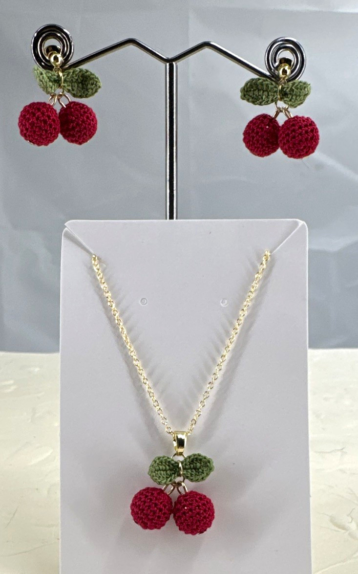 Hand Made, Tiny Crochet Cherry Pendant Necklace & Earrings Set